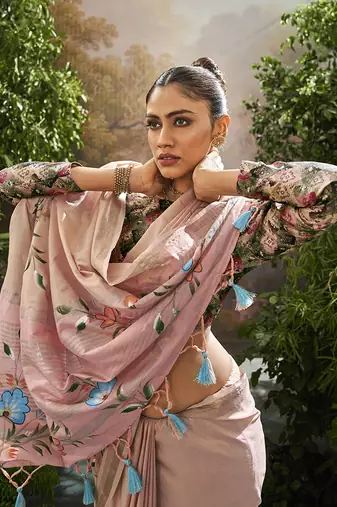 Light peach tissue hand brush print saree with kalamkari blouse