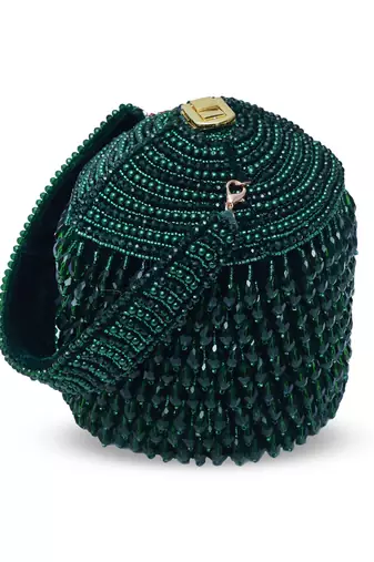 Green suede round embellished bag with handle