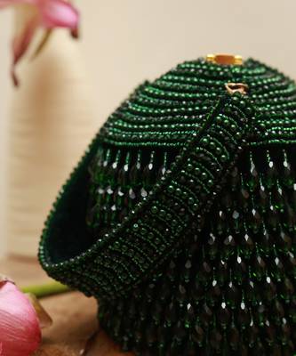 Green suede round embellished bag with handle 3