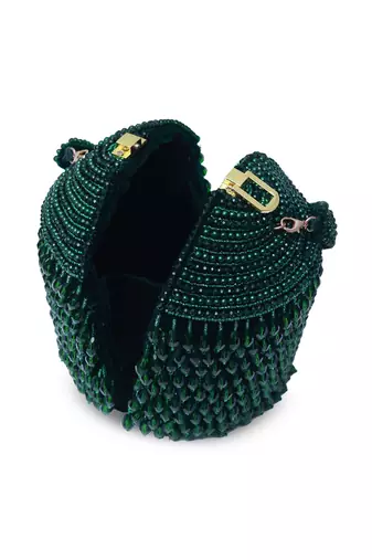 Green suede round embellished bag with handle