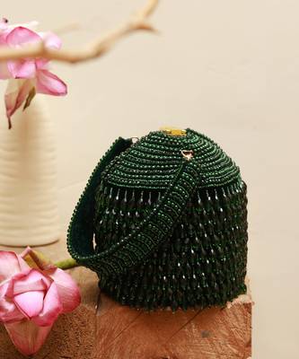 Green suede round embellished bag with handle 5