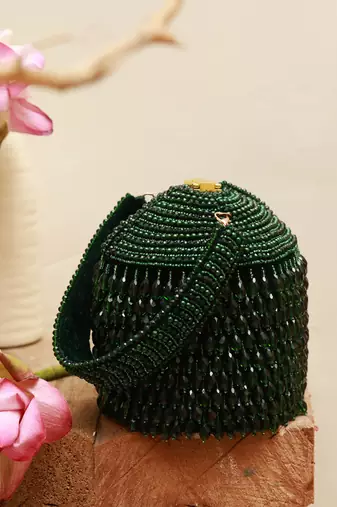 Green suede round embellished bag with handle