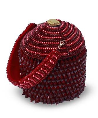 Red suede round embellished bag with handle 2