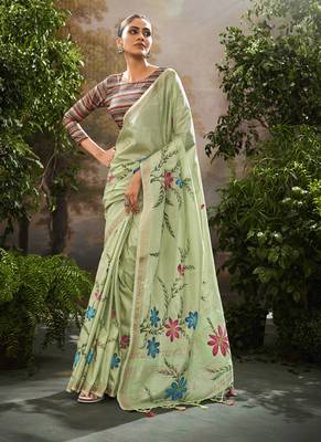 Pista tissue hand brush print saree with kalamkari blouse 1