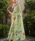 Pista tissue hand brush print saree with kalamkari blouse