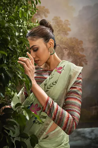 Pista tissue hand brush print saree with kalamkari blouse