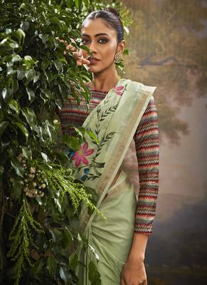 Pista tissue hand brush print saree with kalamkari blouse 3