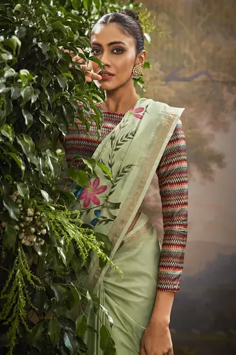 Pista tissue hand brush print saree with kalamkari blouse
