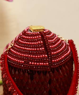 Red suede round embellished bag with handle 3