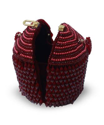 Red suede round embellished bag with handle 4