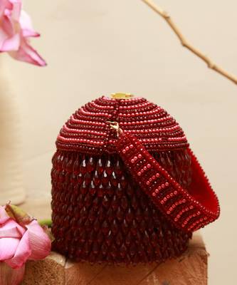 Red suede round embellished bag with handle 5