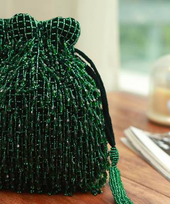 Green suede potli bag with handle 4