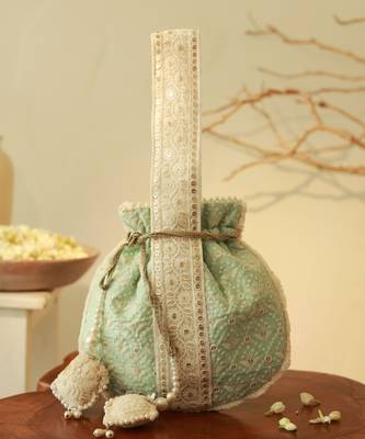Blue silk potli bag with handle 1