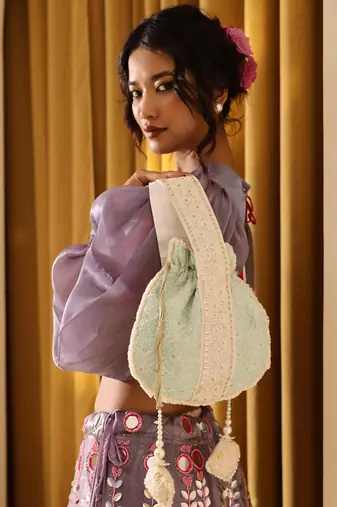 Blue silk potli bag with handle