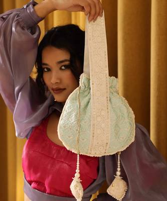 Blue silk potli bag with handle 3