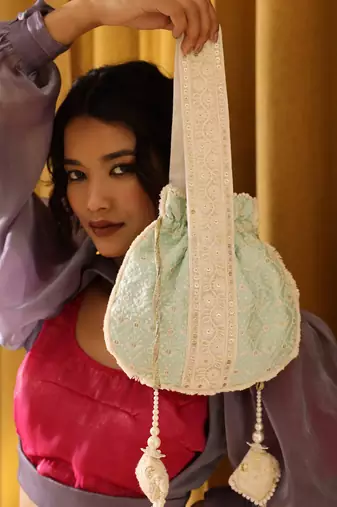 Blue silk potli bag with handle