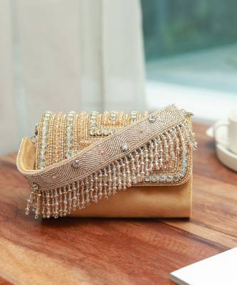 Gold suede embellished flap over clutch bag 3