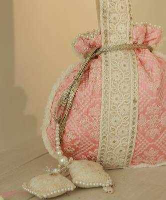Pink silk potli bag with handle 2