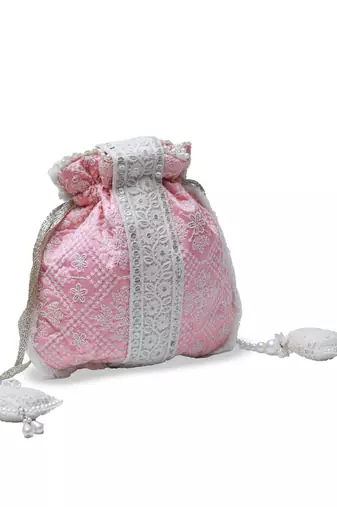 Pink silk potli bag with handle