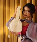 White silk taj embroidered potli bag with handle