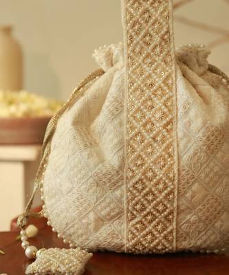 White silk taj embroidered potli bag with handle 2