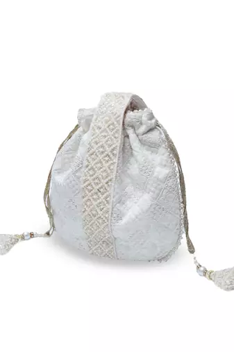 White silk taj embroidered potli bag with handle