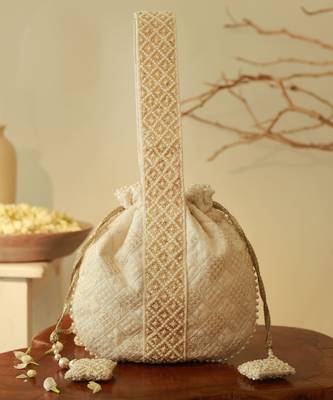 White silk taj embroidered potli bag with handle 5