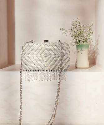 White silk pearly silver embroidered clutch 1