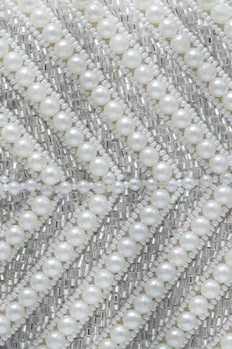 White silk pearly silver embroidered clutch
