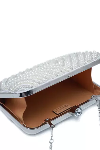 White silk pearly silver embroidered clutch