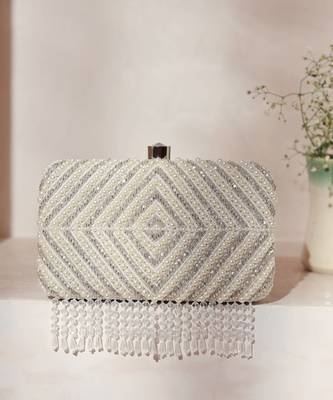 White silk pearly silver embroidered clutch 5