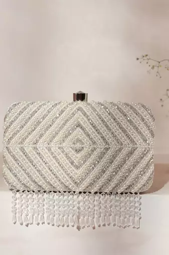White silk pearly silver embroidered clutch