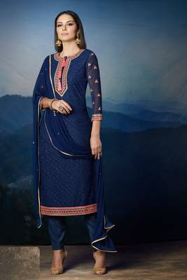 Blue embroidery zari and diamond work georgette straight pant suit - free size stitched(size upto 42") 1