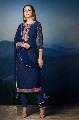 Blue embroidery zari and diamond work georgette straight pant suit - free size stitched(size upto 42")