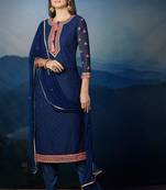 Blue embroidery zari and diamond work georgette straight pant suit - free size stitched(size upto 42")
