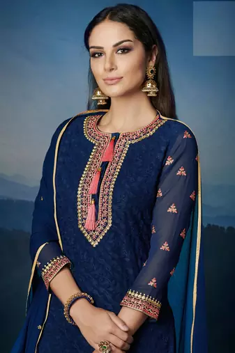 Blue embroidery zari and diamond work georgette straight pant suit - free size stitched(size upto 42")