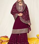 Wine embroidered & sequins work georgette anarkali sharara suit - free size stitching(size upto 42")