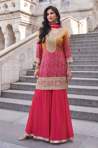 Pink & mustard embroidery & sequins work chinnon silk straight palazzo suit - free size stitching(size upto 42")