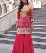 Pink & mustard embroidery & sequins work chinnon silk straight palazzo suit - free size stitching(size upto 42")