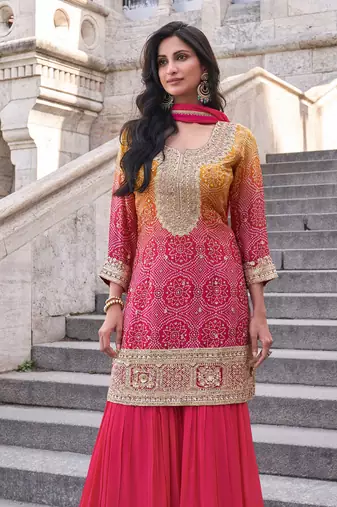 Pink & mustard embroidery & sequins work chinnon silk straight palazzo suit - free size stitching(size upto 42")