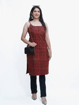 Women's pure cotton hand block printed rust /black fusion kurta 1