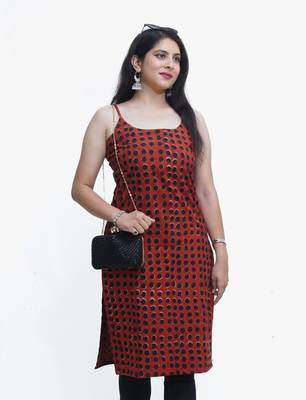 Women's pure cotton hand block printed rust /black fusion kurta 2
