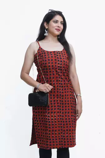 Women's pure cotton hand block printed rust /black fusion kurta