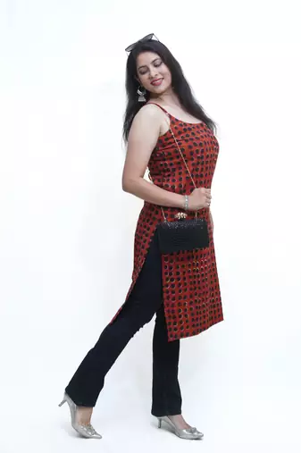 Women's pure cotton hand block printed rust /black fusion kurta