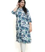 Women's pure cotton straight white/blue floral printed embellished kurta
