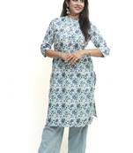 Women's pure cotton straight white/blue floral printed embellished kurta