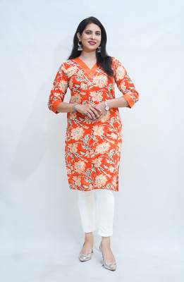 Women's pure cotton hand block floral printed orange kurta 1