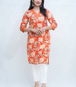 Women's pure cotton hand block floral printed orange kurta