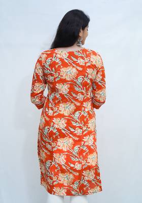 Women's pure cotton hand block floral printed orange kurta 3
