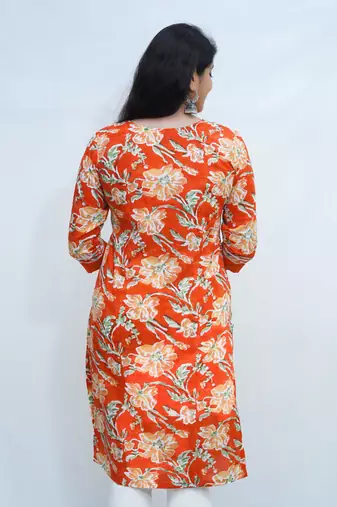 Women's pure cotton hand block floral printed orange kurta